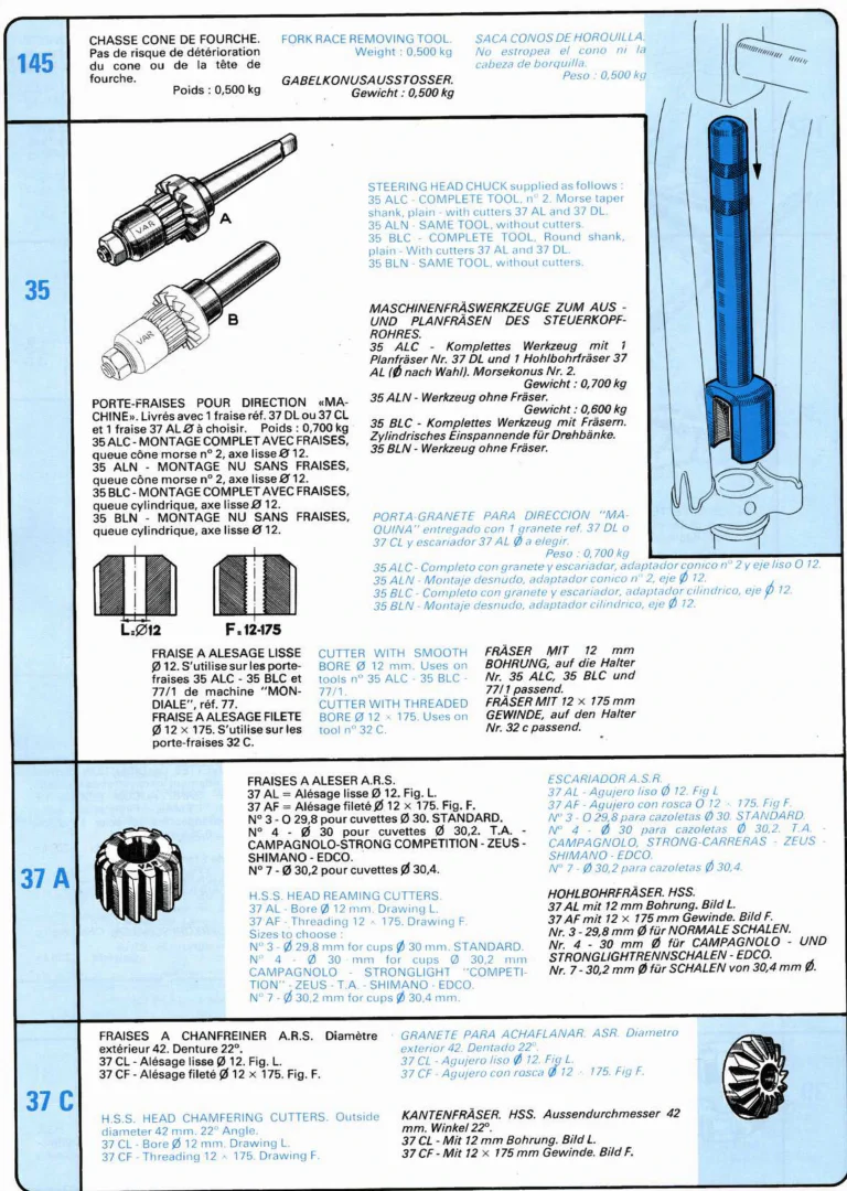 VAR Catalog of about 1983 — Outillage "Cycle", Tools for Cycle Workshops, Drawings and Layout by Daniel Rebour — page 23 of 70