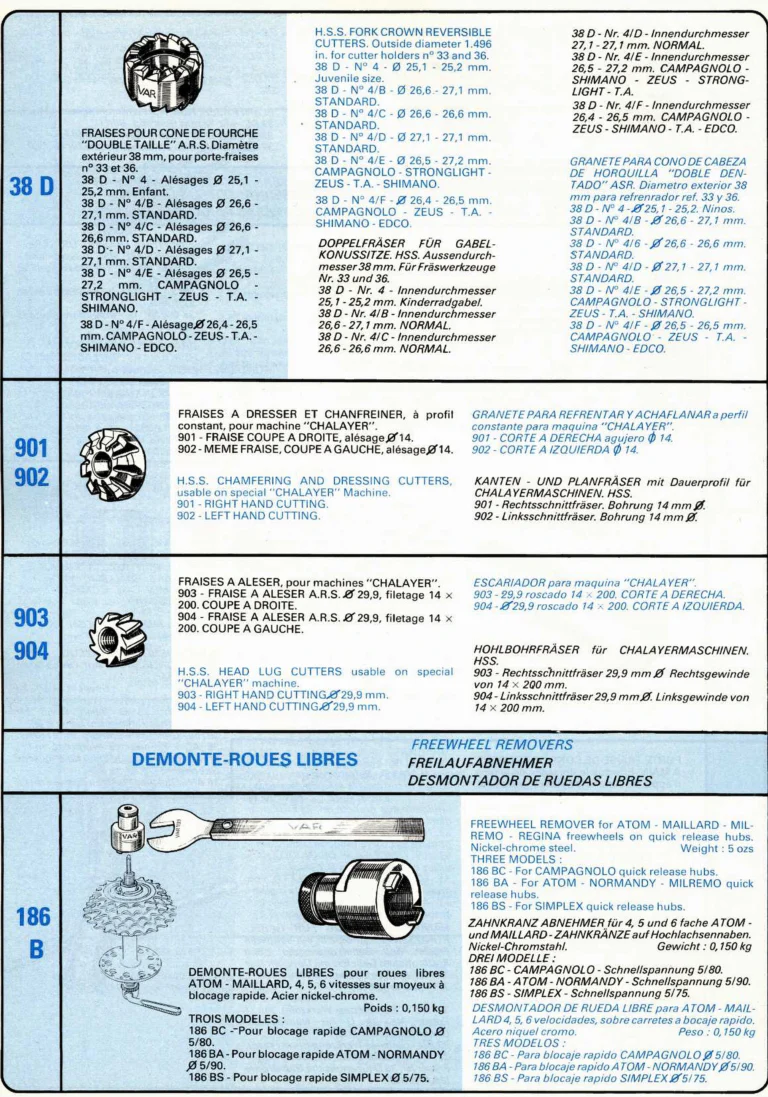 VAR Catalog of about 1983 — Outillage "Cycle", Tools for Cycle Workshops, Drawings and Layout by Daniel Rebour — page 25 of 70
