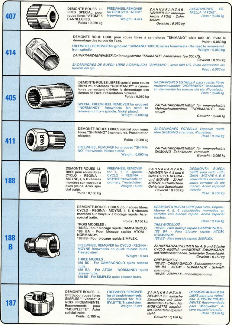VAR Catalog of about 1983 — Outillage "Cycle", Tools for Cycle Workshops, Drawings and Layout by Daniel Rebour — page 27 of 70
