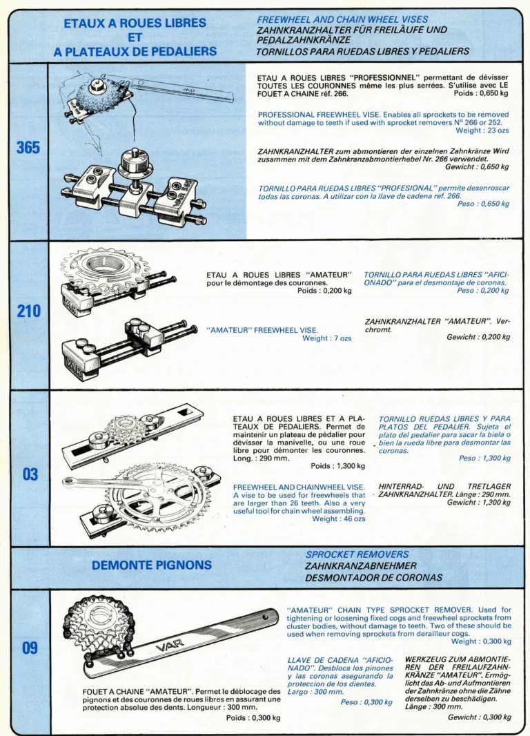 VAR Catalog of about 1983 — Outillage "Cycle", Tools for Cycle Workshops, Drawings and Layout by Daniel Rebour — page 29 of 70