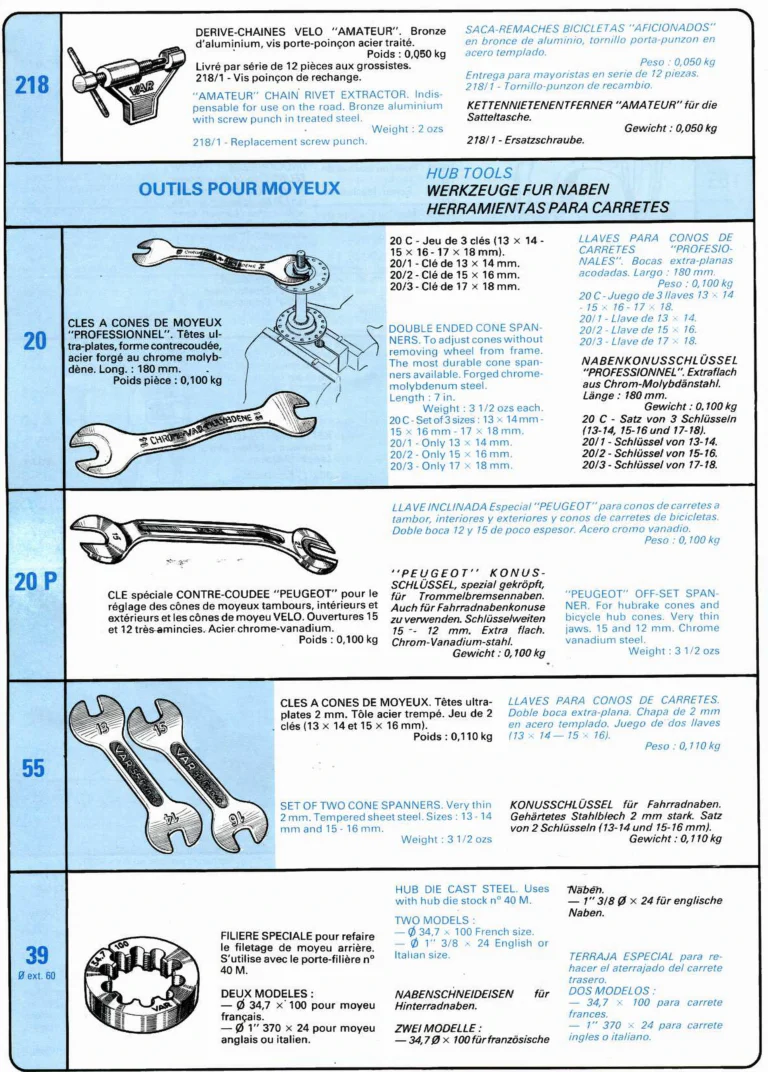 VAR Catalog of about 1983 — Outillage "Cycle", Tools for Cycle Workshops, Drawings and Layout by Daniel Rebour — page 31 of 70