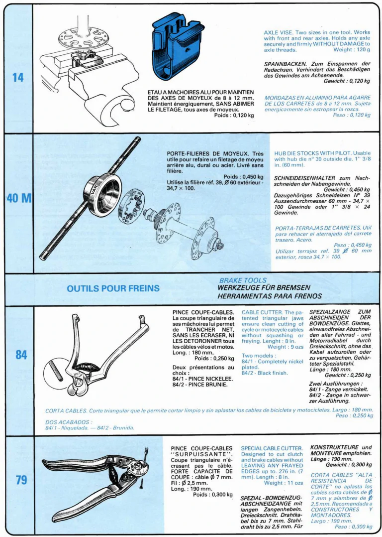 VAR Catalog of about 1983 — Outillage "Cycle", Tools for Cycle Workshops, Drawings and Layout by Daniel Rebour — page 32 of 70