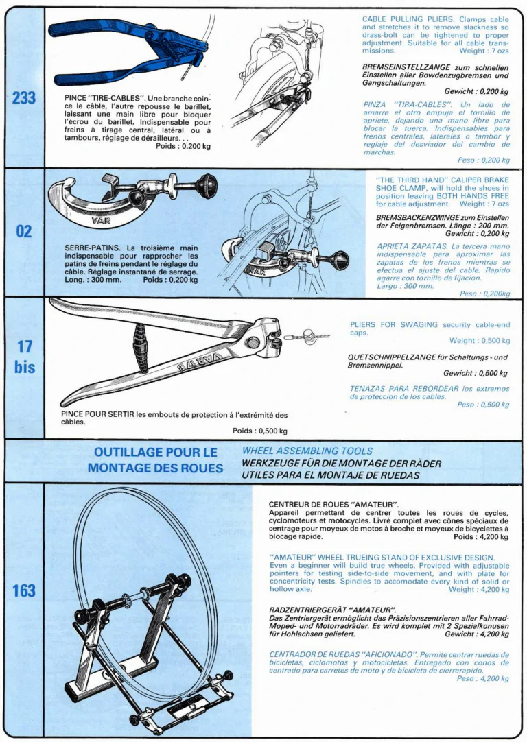 VAR Catalog of about 1983 — Outillage "Cycle", Tools for Cycle Workshops, Drawings and Layout by Daniel Rebour — page 33 of 70