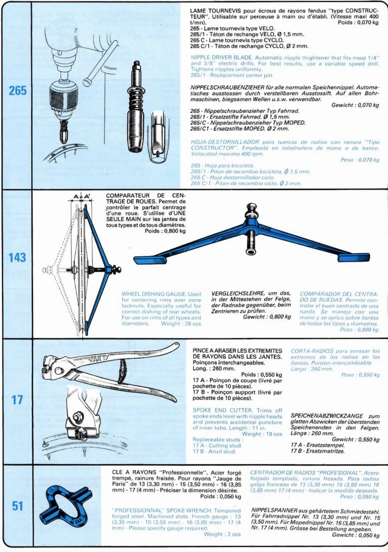 VAR Catalog of about 1983 — Outillage "Cycle", Tools for Cycle Workshops, Drawings and Layout by Daniel Rebour — page 36 of 70