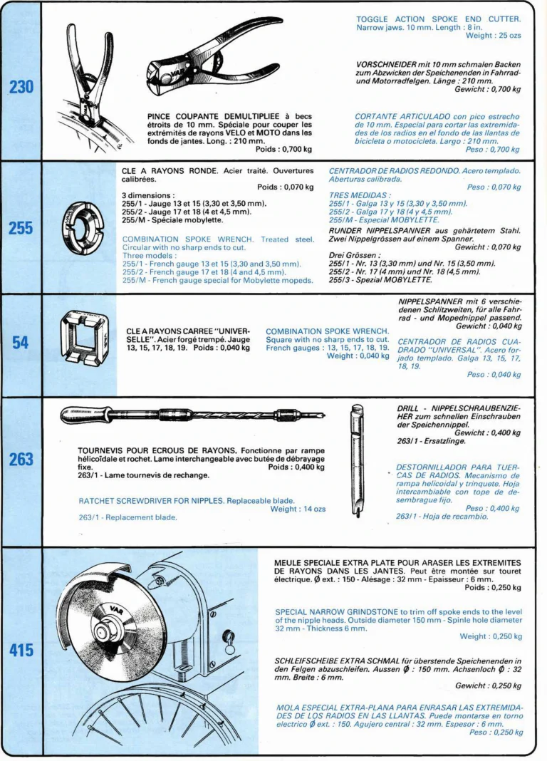 VAR Catalog of about 1983 — Outillage "Cycle", Tools for Cycle Workshops, Drawings and Layout by Daniel Rebour — page 37 of 70