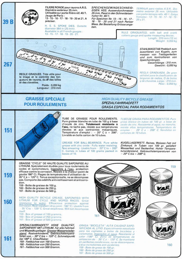 VAR Catalog of about 1983 — Outillage "Cycle", Tools for Cycle Workshops, Drawings and Layout by Daniel Rebour — page 38 of 70
