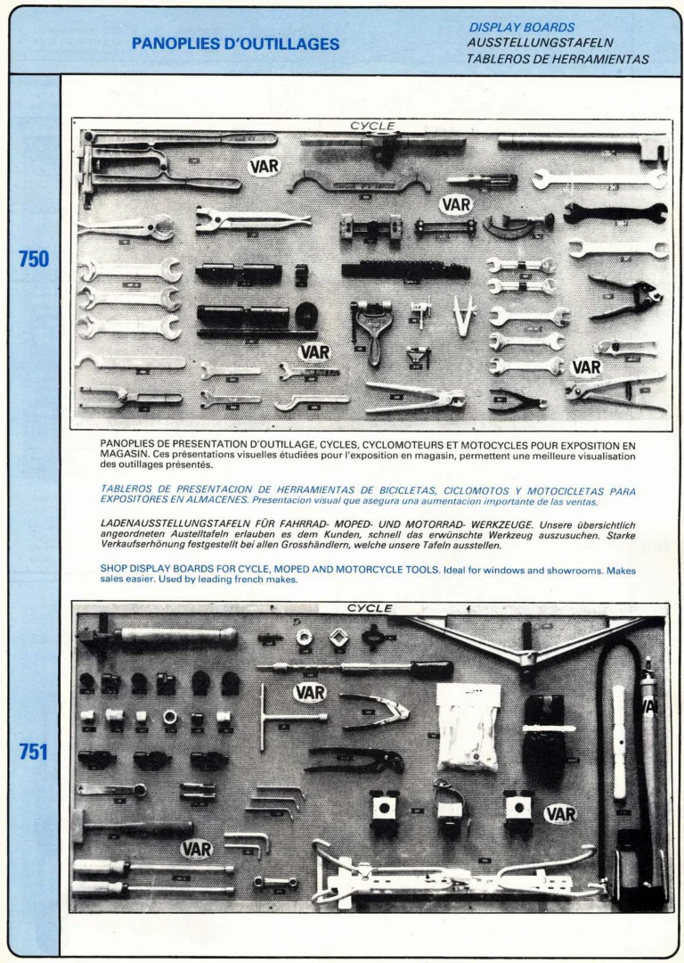 VAR Catalog of about 1983 — Outillage "Cycle", Tools for Cycle Workshops, Drawings and Layout by Daniel Rebour — page 48 of 70