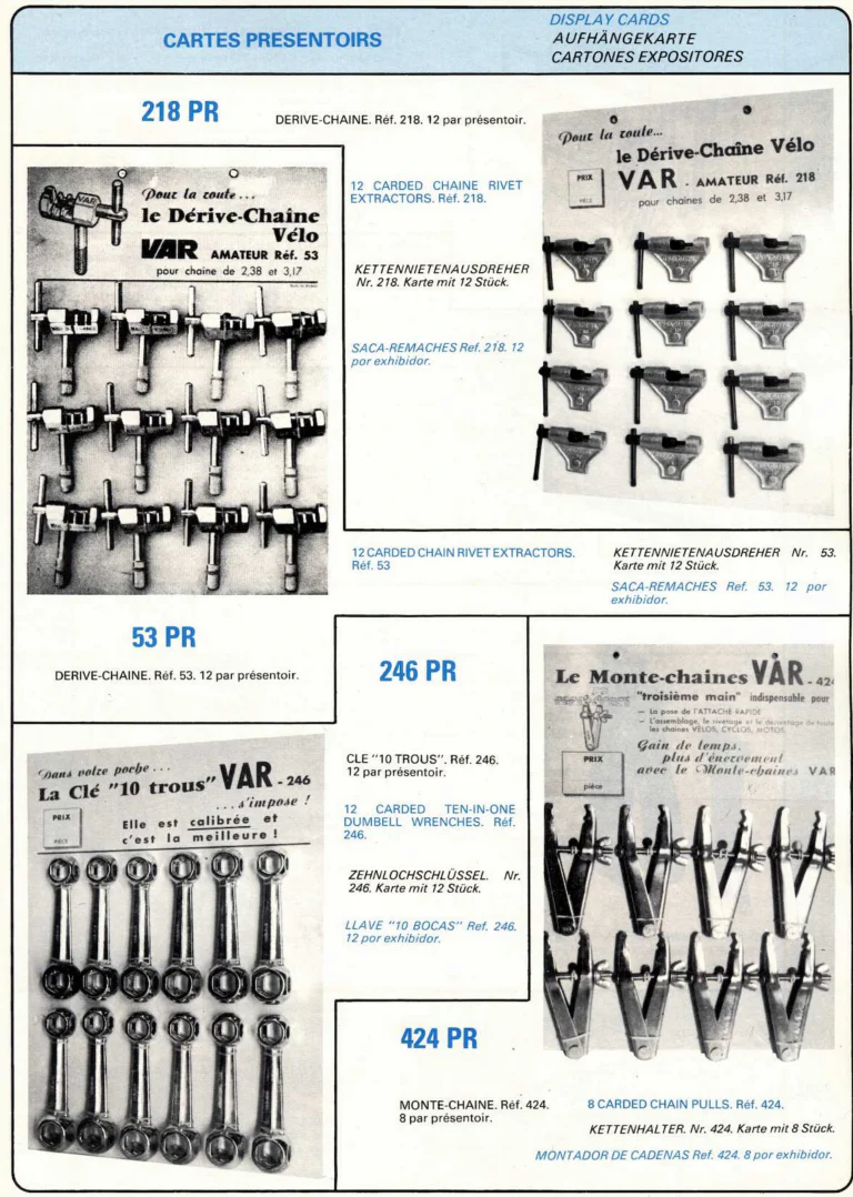 VAR Catalog of about 1983 — Outillage "Cycle", Tools for Cycle Workshops, Drawings and Layout by Daniel Rebour — page 50 of 70
