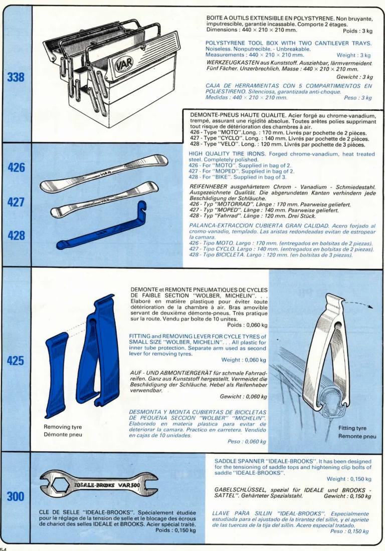 VAR Catalog of about 1983 — Outillage "Cycle", Tools for Cycle Workshops, Drawings and Layout by Daniel Rebour — page 51 of 70