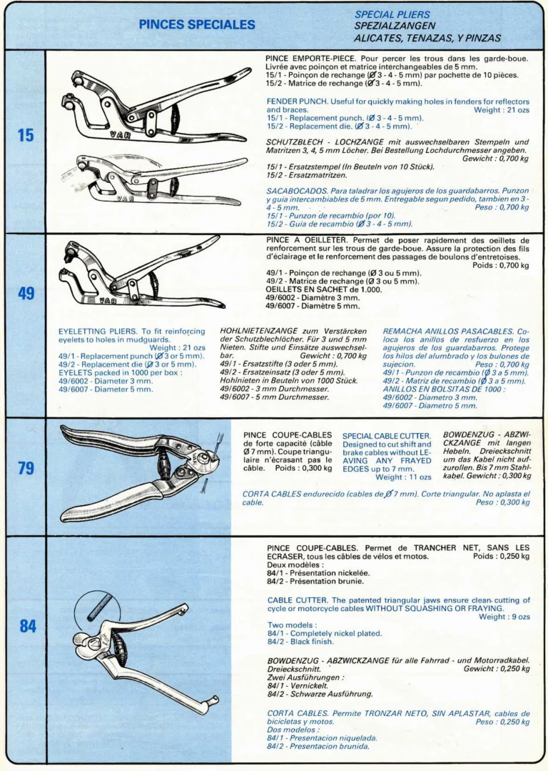 VAR Catalog of about 1983 — Outillage "Cycle", Tools for Cycle Workshops, Drawings and Layout by Daniel Rebour — page 52 of 70