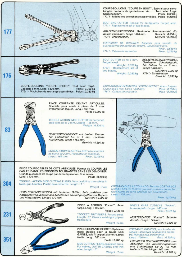VAR Catalog of about 1983 — Outillage "Cycle", Tools for Cycle Workshops, Drawings and Layout by Daniel Rebour — page 53 of 70