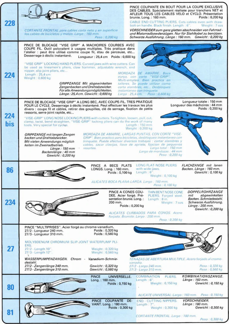 VAR Catalog of about 1983 — Outillage "Cycle", Tools for Cycle Workshops, Drawings and Layout by Daniel Rebour — page 54 of 70