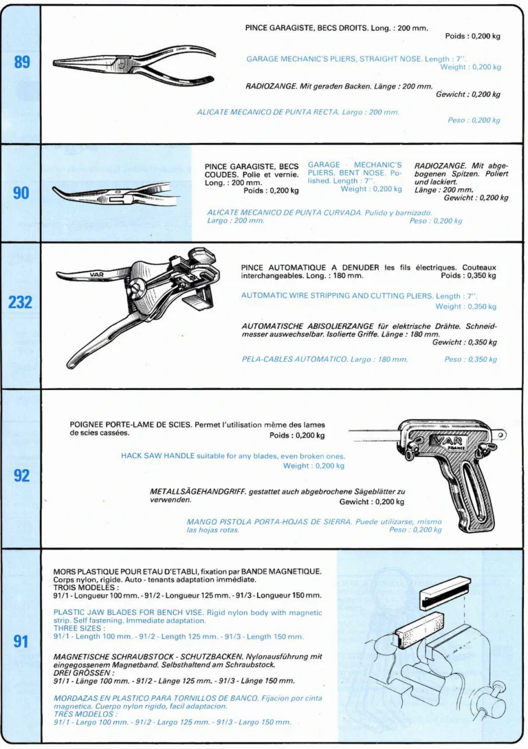 VAR Catalog of about 1983 — Outillage "Cycle", Tools for Cycle Workshops, Drawings and Layout by Daniel Rebour — page 56 of 70