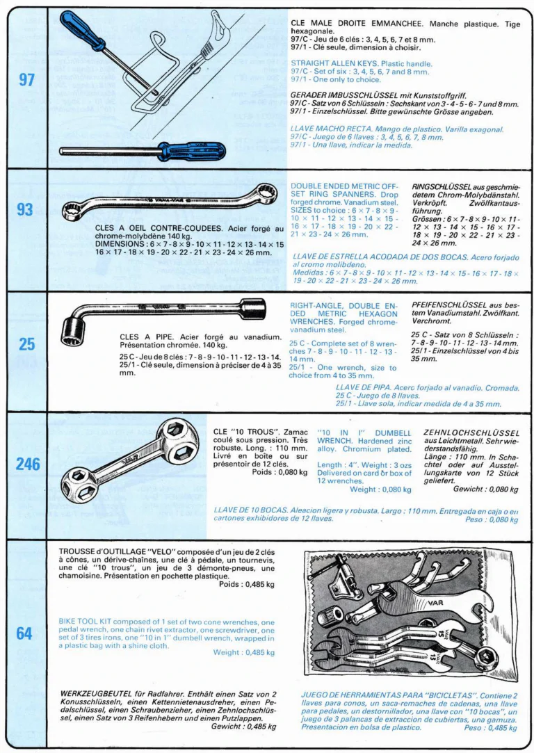 VAR Catalog of about 1983 — Outillage "Cycle", Tools for Cycle Workshops, Drawings and Layout by Daniel Rebour — page 57 of 70