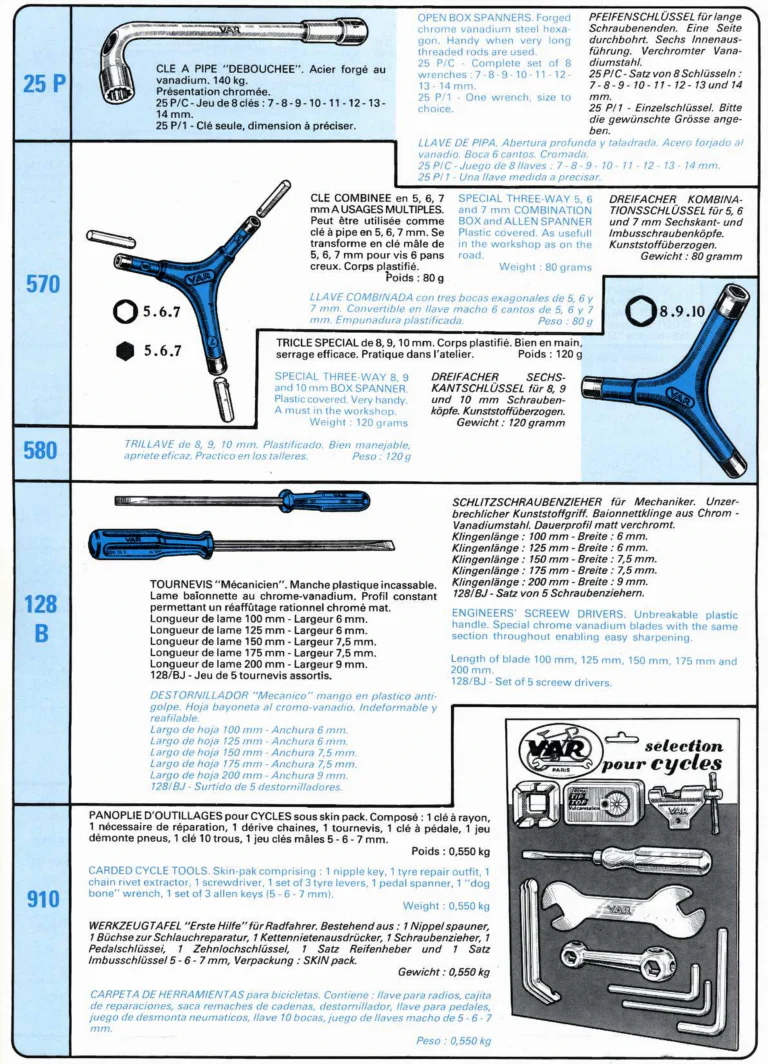 VAR Catalog of about 1983 — Outillage "Cycle", Tools for Cycle Workshops, Drawings and Layout by Daniel Rebour — page 58 of 70