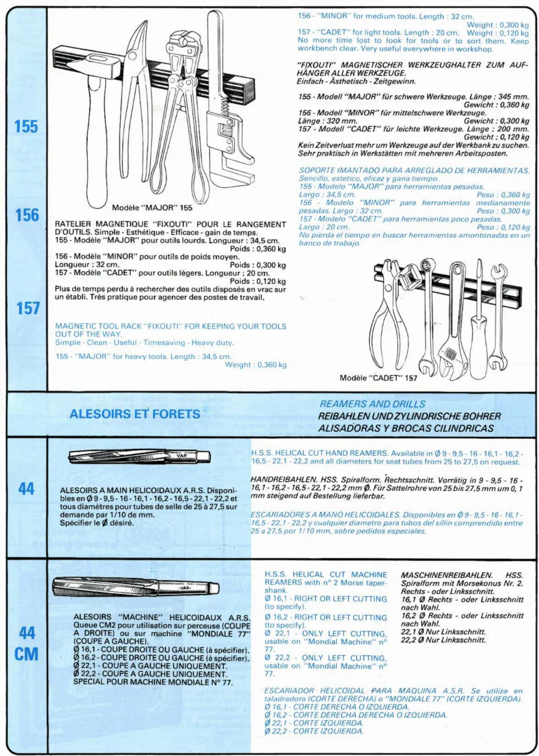 VAR Catalog of about 1983 — Outillage "Cycle", Tools for Cycle Workshops, Drawings and Layout by Daniel Rebour — page 59 of 70