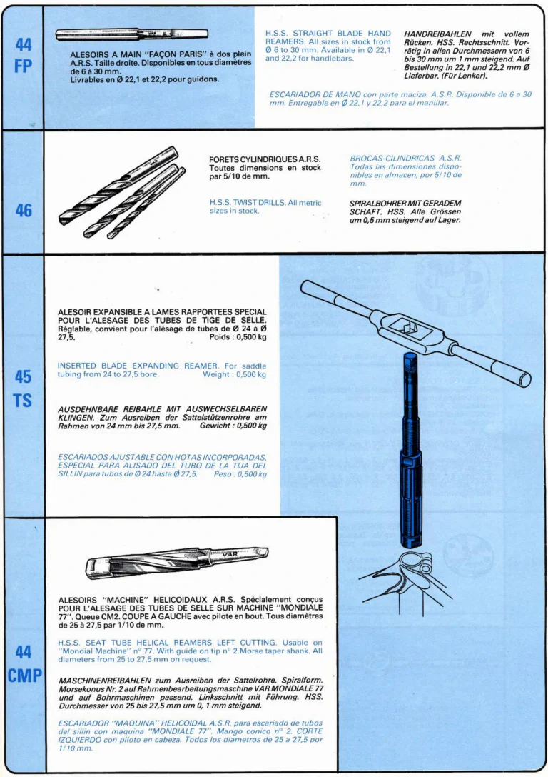 VAR Catalog of about 1983 — Outillage "Cycle", Tools for Cycle Workshops, Drawings and Layout by Daniel Rebour — page 60 of 70