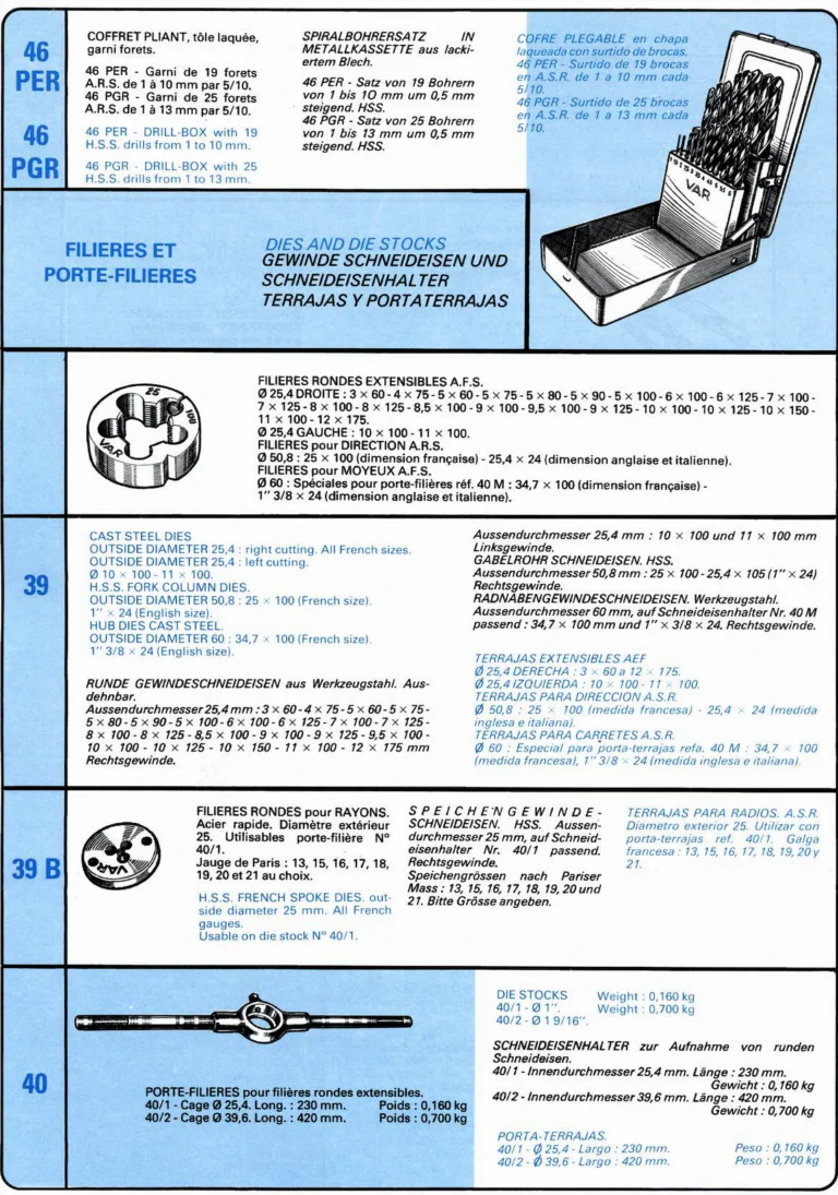 VAR Catalog of about 1983 — Outillage "Cycle", Tools for Cycle Workshops, Drawings and Layout by Daniel Rebour — page 61 of 70