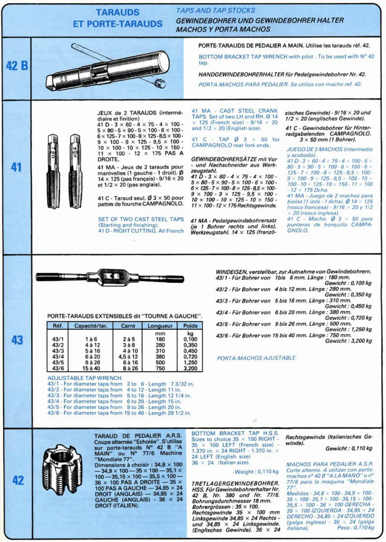 VAR Catalog of about 1983 — Outillage "Cycle", Tools for Cycle Workshops, Drawings and Layout by Daniel Rebour — page 62 of 70