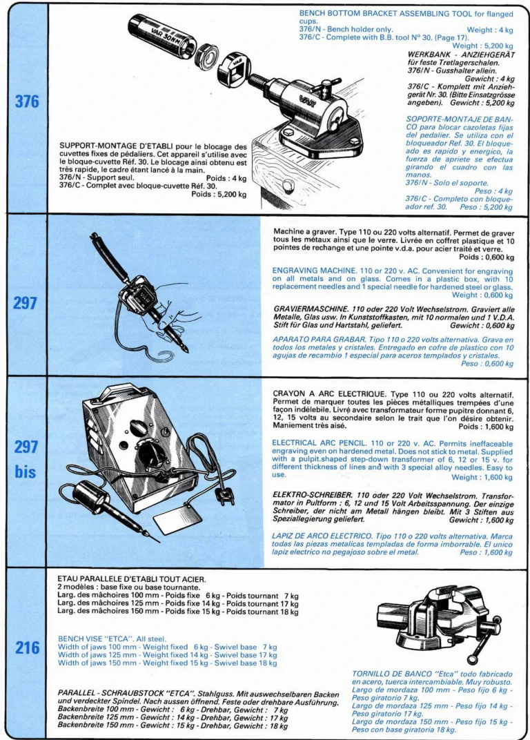 VAR Catalog of about 1983 — Outillage "Cycle", Tools for Cycle Workshops, Drawings and Layout by Daniel Rebour — page 63 of 70