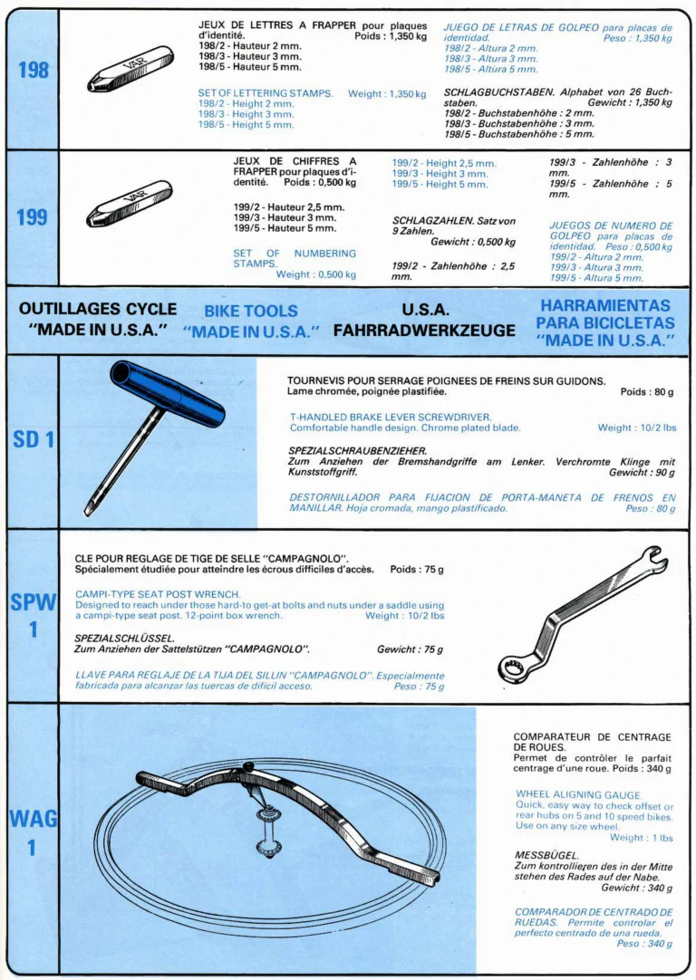 VAR Catalog of about 1983 — Outillage "Cycle", Tools for Cycle Workshops, Drawings and Layout by Daniel Rebour — page 64 of 70
