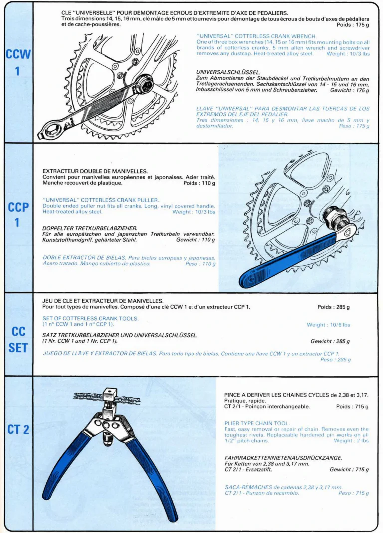 VAR Catalog of about 1983 — Outillage "Cycle", Tools for Cycle Workshops, Drawings and Layout by Daniel Rebour — page 66 of 70