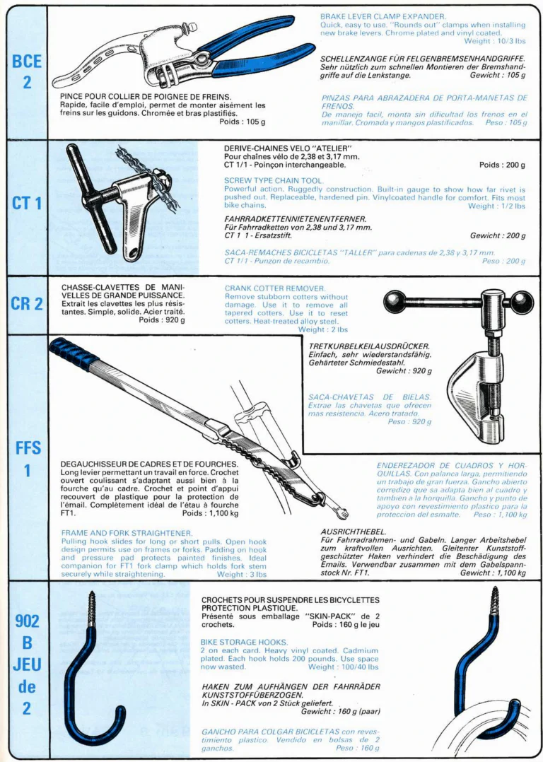 VAR Catalog of about 1983 — Outillage "Cycle", Tools for Cycle Workshops, Drawings and Layout by Daniel Rebour — page 68 of 70